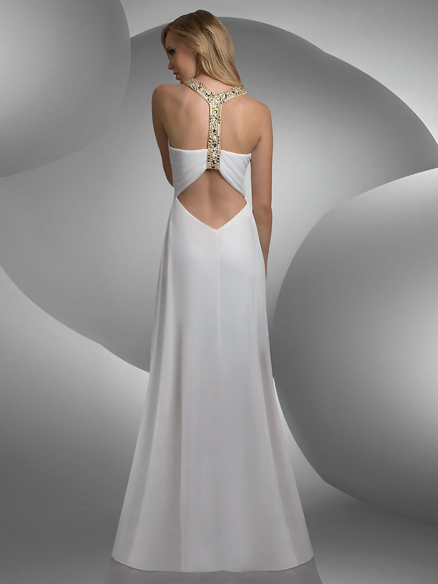 Konkurrenzlos Platz Perlen Hals Empire-Stil Weiß Drapierte Chiffon Kleid von Cut- Out Back