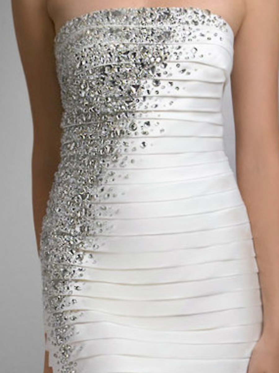 Amazing Strapless Short Length Sheath Diamantes Embellished Shirred White Satin Dress