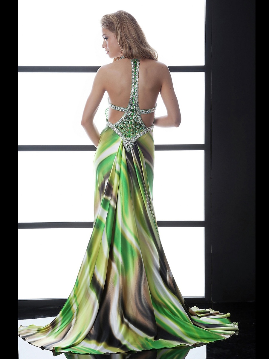 Sheath Rhinestone Embellished Halter Top Floor Length Multi-Color Printed Evening Dress