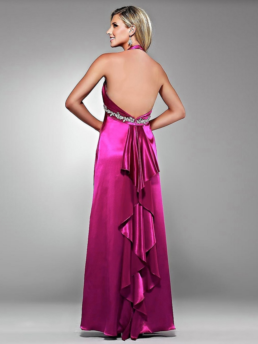 エンパイアスタイルのホルターネックのフクシアシルキーサテンラインストーンショールのセレブドレスを飾った