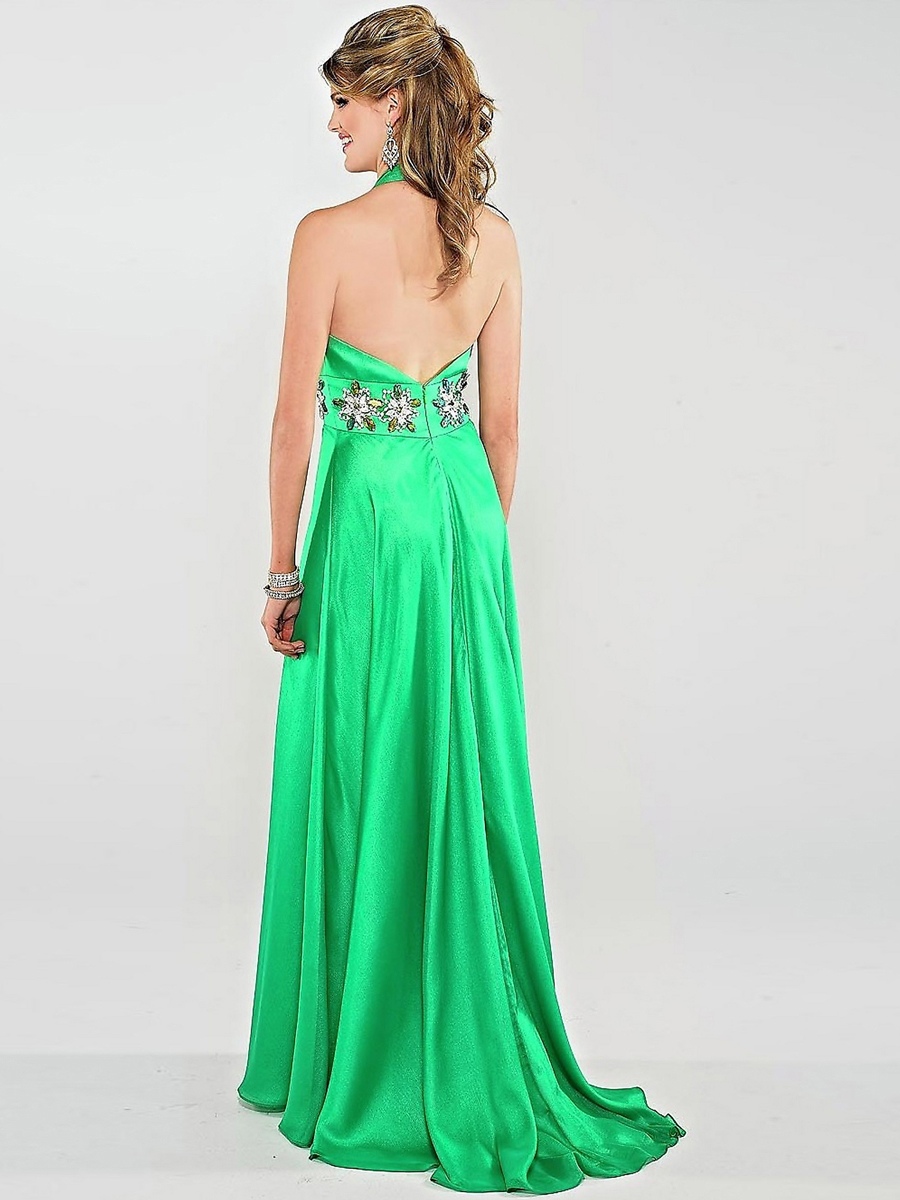 Glamorous Green Silky Satin Empire Style Floor Length Rhinestone Embellished Wedding Guest Dress