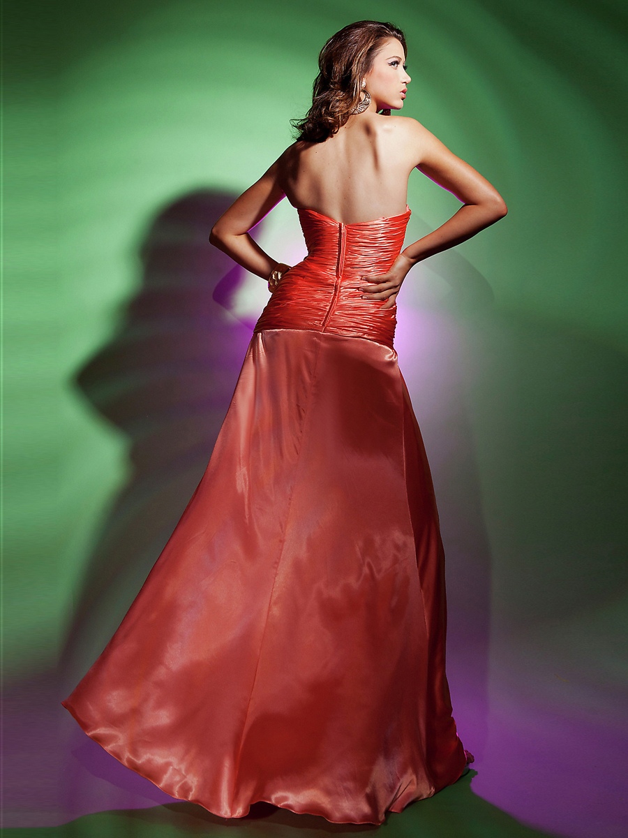 Orange Red Satin Strapless Sweetheart Sequined Trim Ruched Bodice Evening Dresses