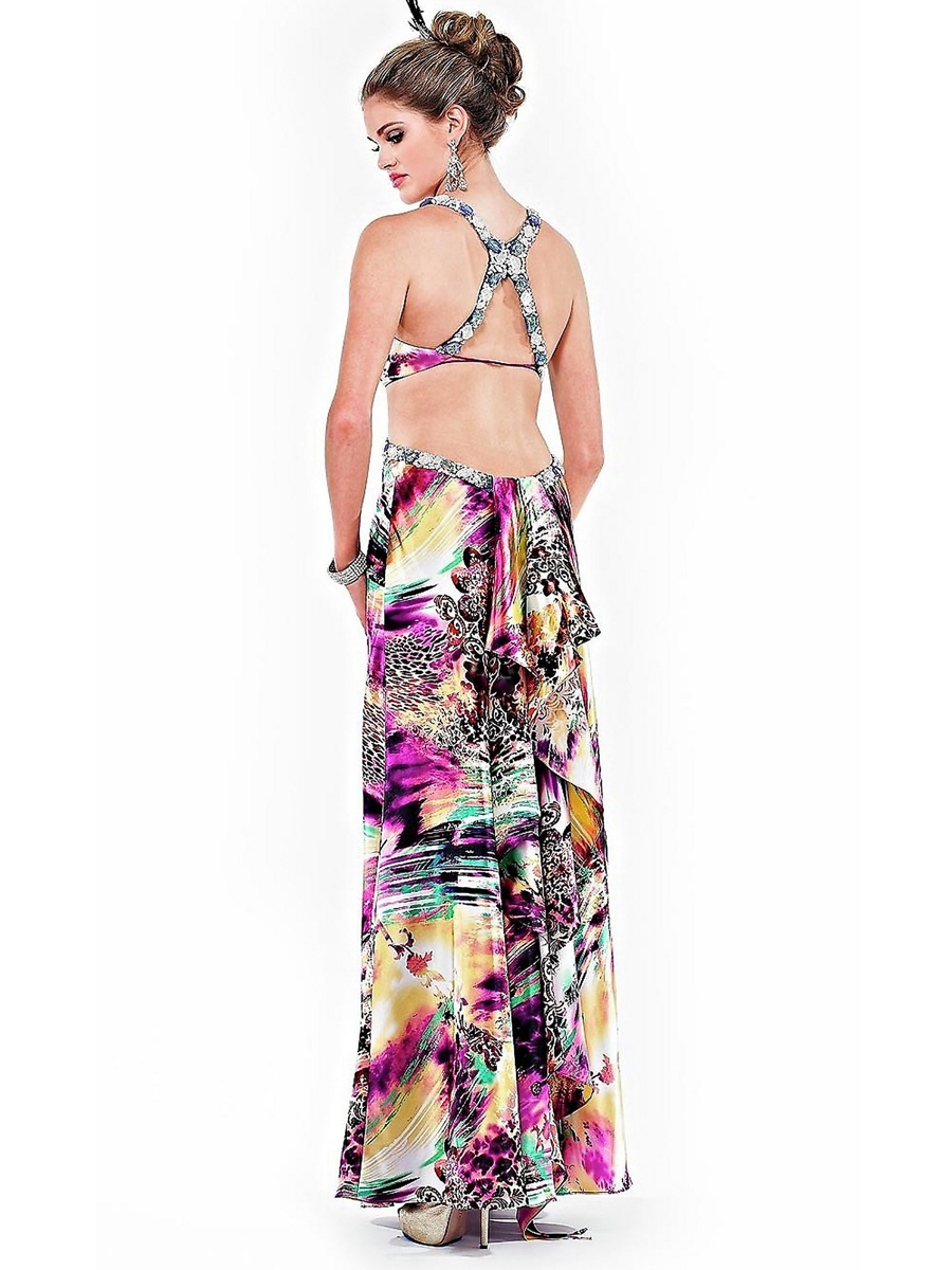 Standout Ankle-Length Sheath Halter Top Multi-Color Printed Cut-Out Celebrity Dress