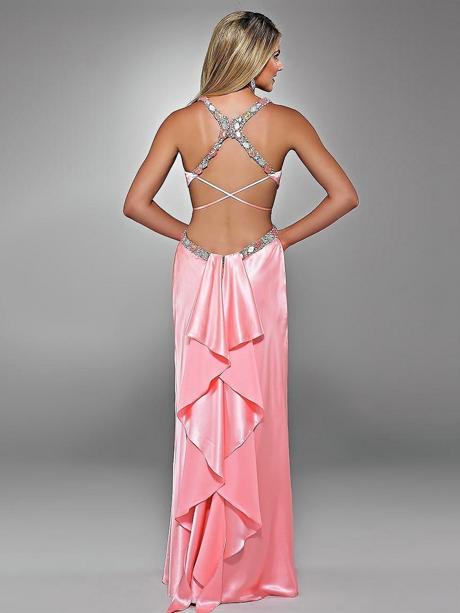 Appealing Halter Top Floor Length Pink Stretch Satin Rhinestone Evening Dress of Shawl
