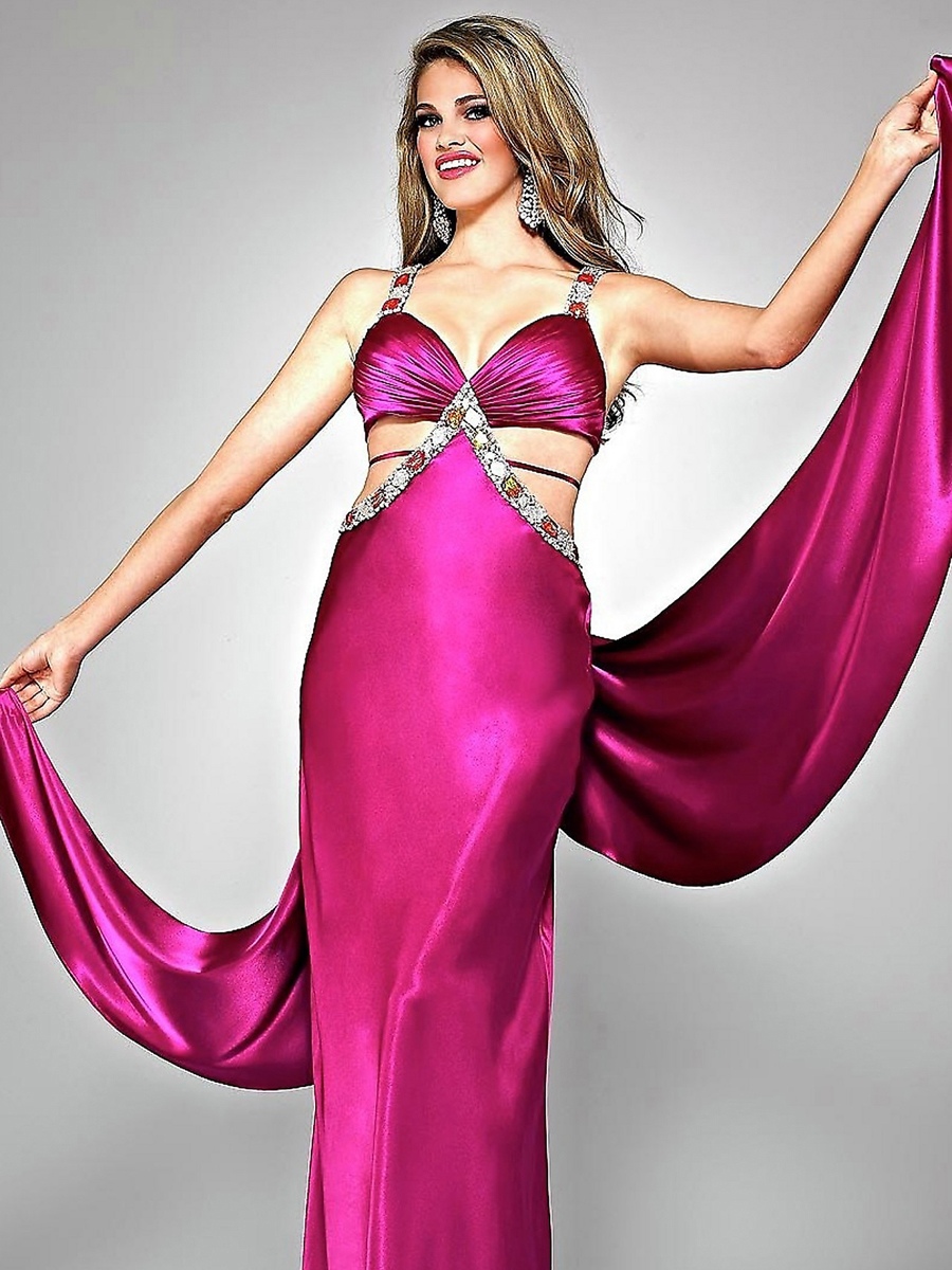Ansprechende Halter Top bodenlangen rosa Stretch- Satin Strass Abendkleid von Schal