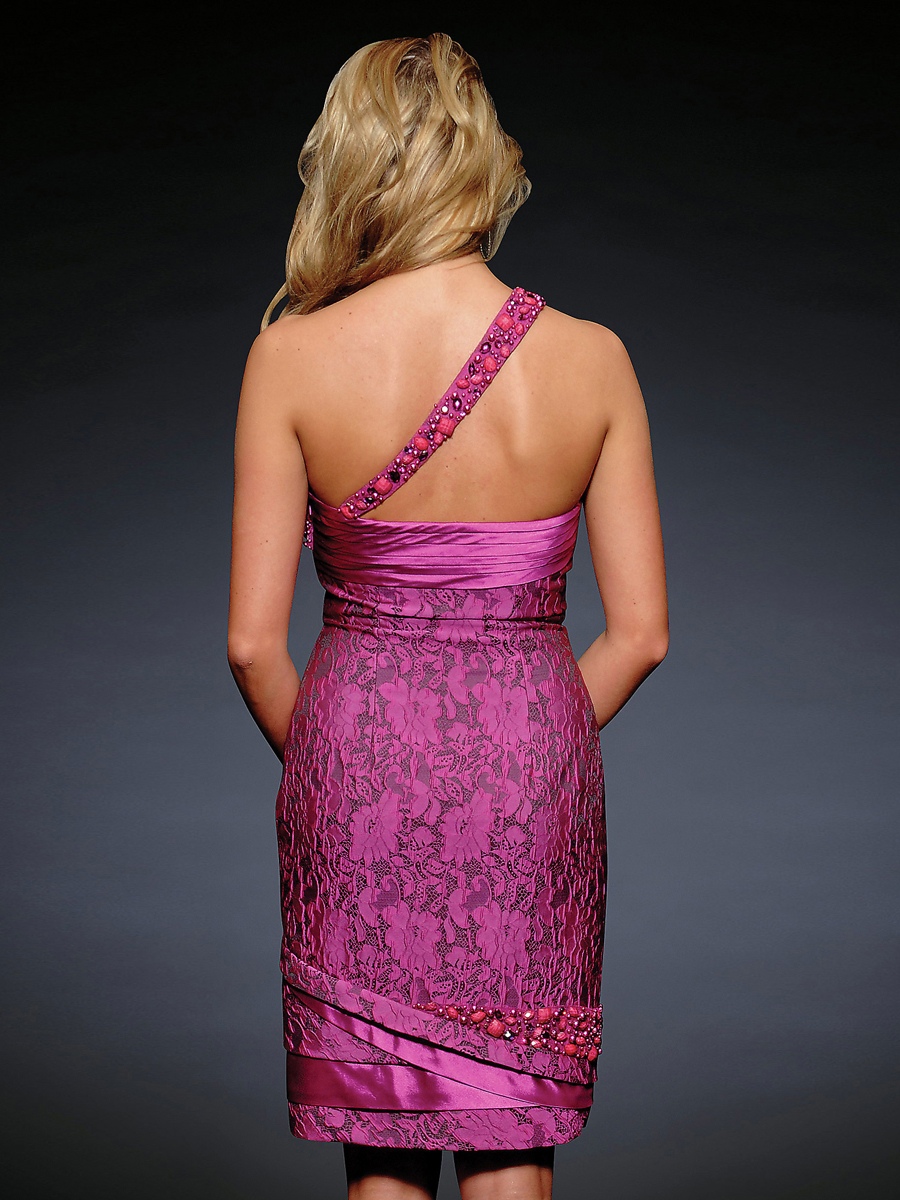 Knee-Length One-Shoulder Short Sheath Lilac Appliqued Satin Cocktail Party Dress