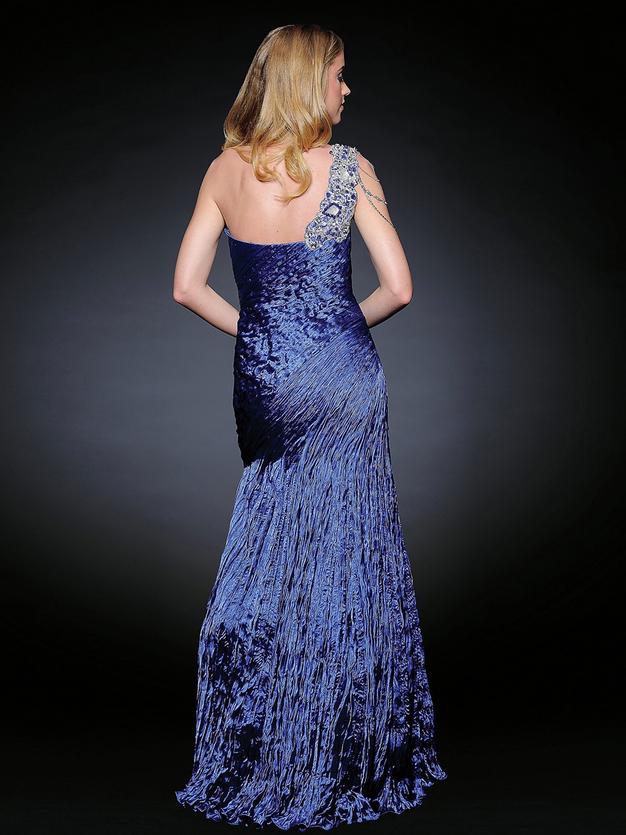 Fantastic One - Shoulder bodenlangen Mantel dunkle Königsblau Plissee Satin Celebrity Dress