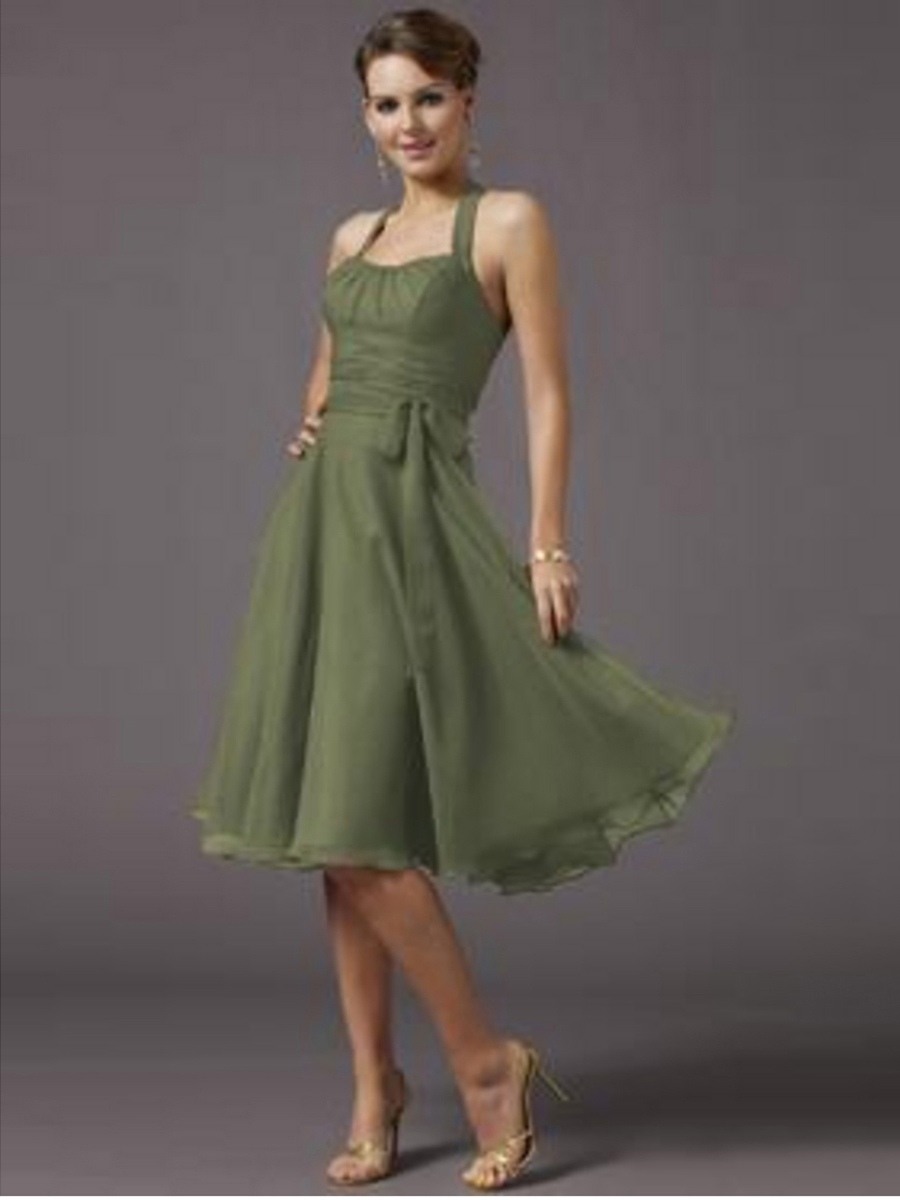 Knee Length A-line Style Halter Neckline Sash Embellishment Wedding Guest Dresses
