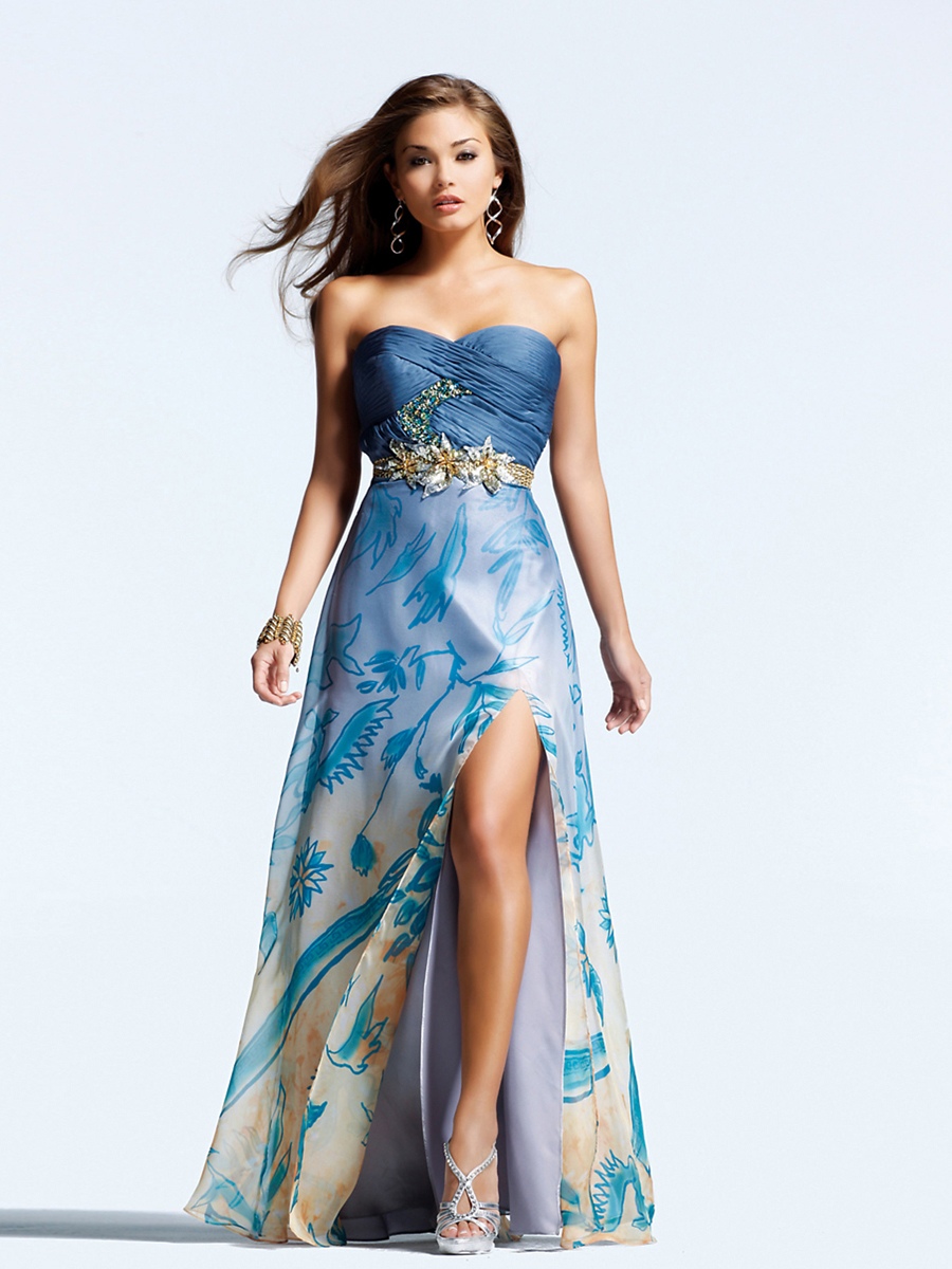 Exclusive Floral Print A-line Style Strapless Neckline Diamond Band Slit Accented Prom Dresses