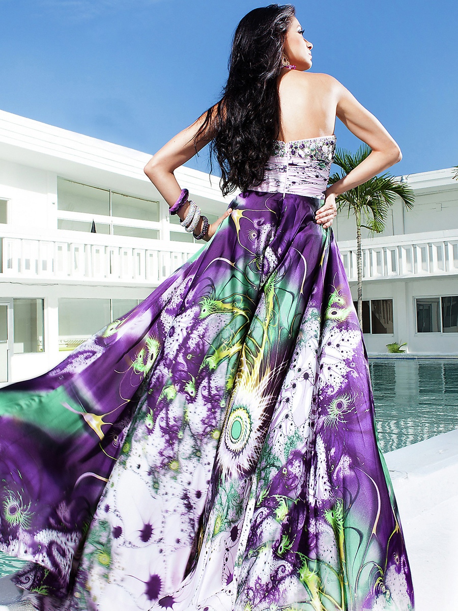 Marvelous Sweetheart Floor Length Rhinestone Embellished Multi-Color Printed Celebrity Dress