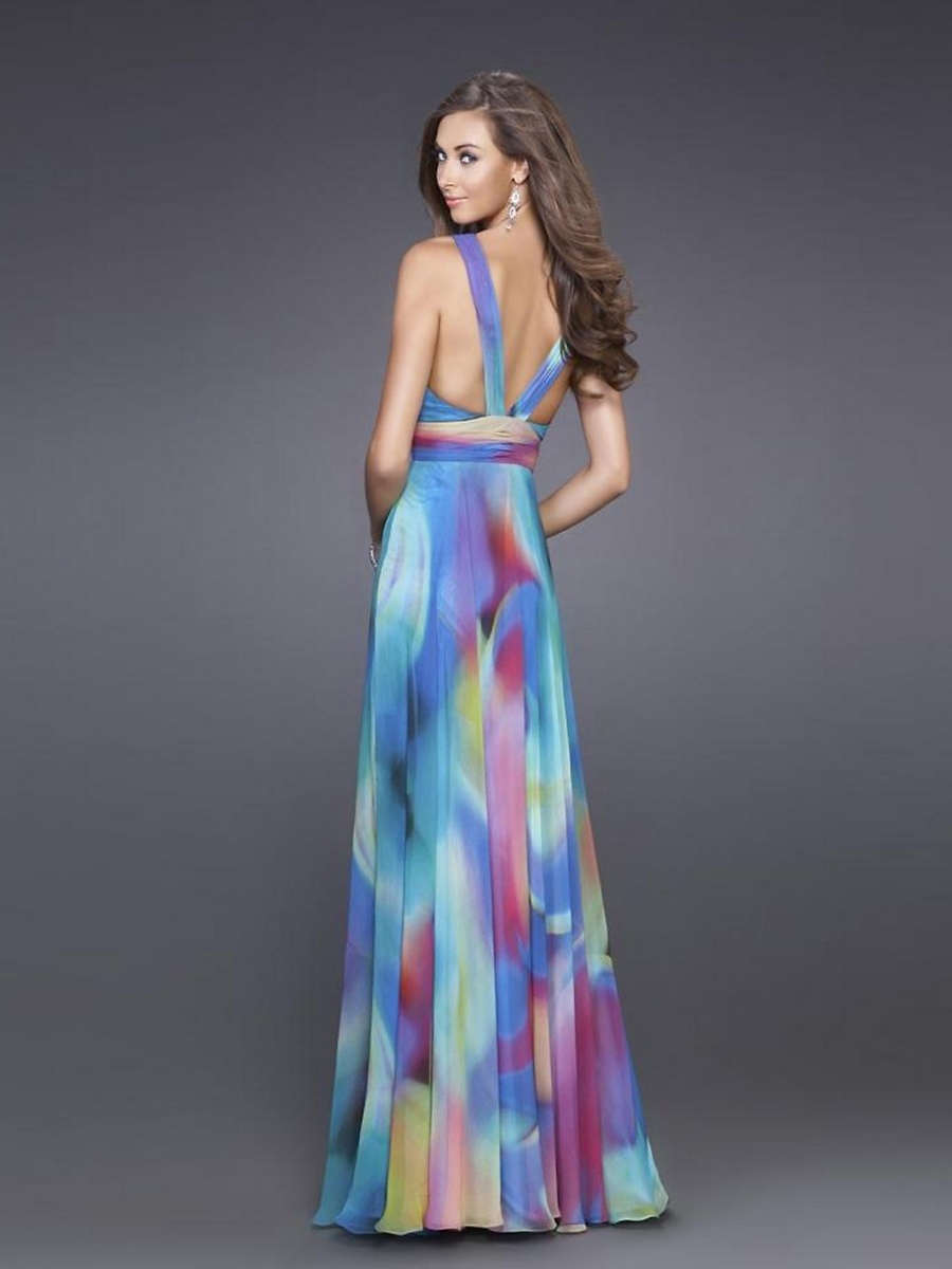 Multicolored Print Chiffon Plunging V-neckline Full Length A-line Style Evening Dresses