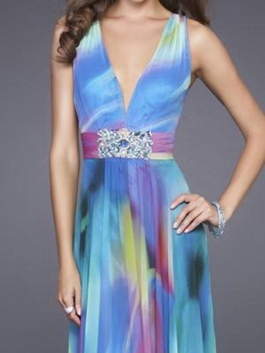 Multicolored Print Chiffon Plunging V-neckline Full Length A-line Style Evening Dresses