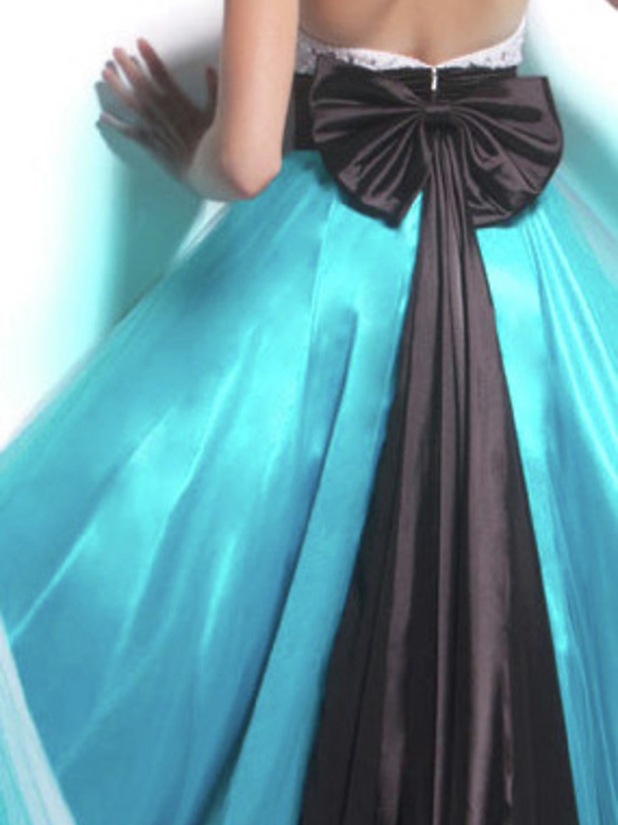 Striking Strapless Triple-Colored High-Low Train Sash and Brooch Celebrity Dress