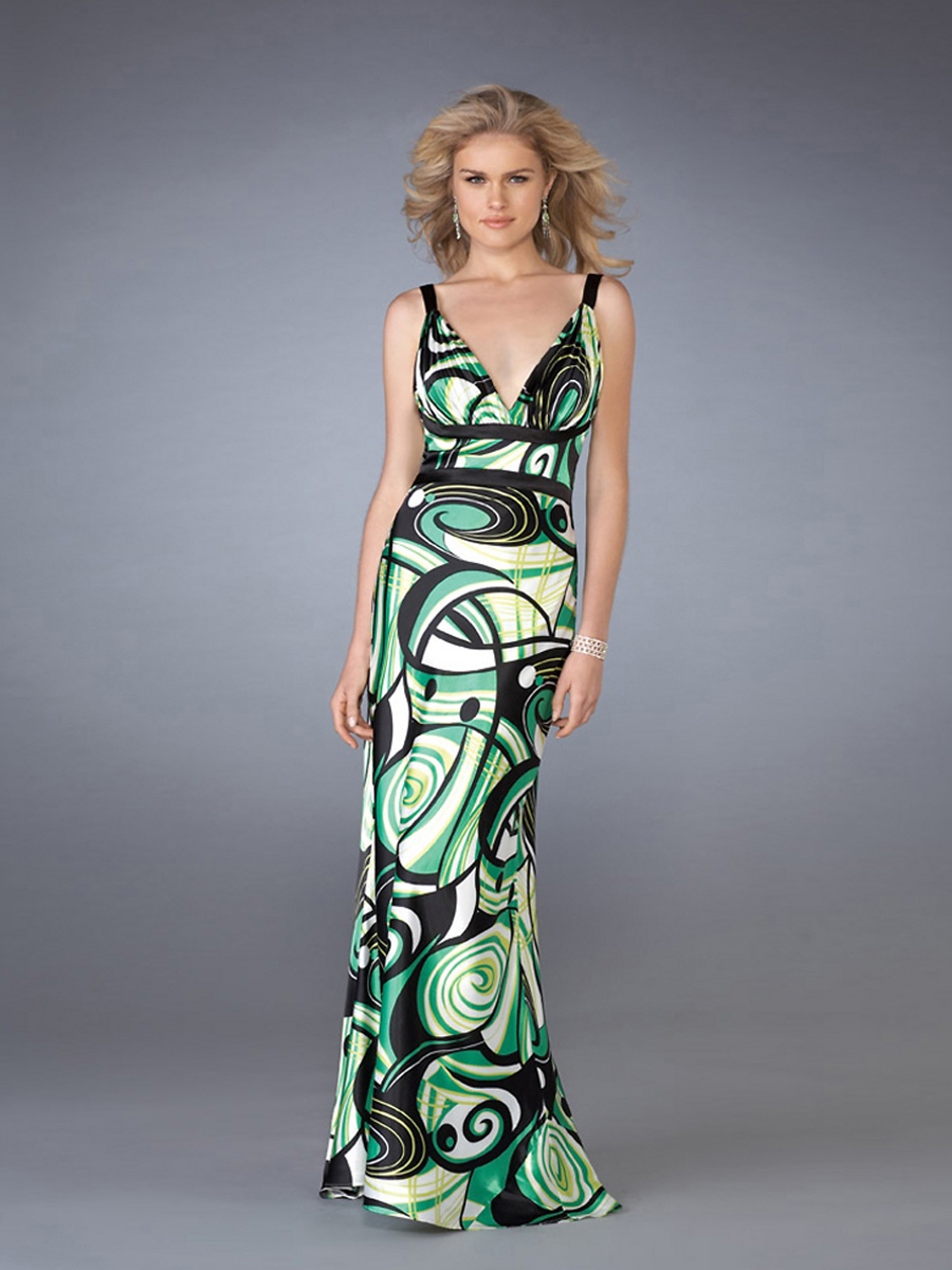 Sophisticated Colorized Print Sheath Style Low V-neckline Full Length Evening Dresses