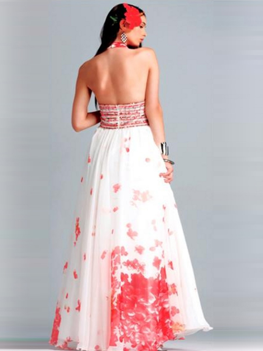 Sofisticado Halter decote V Band Impressão lantejoulas Floral A linha de vestidos estilo Quinceaneara