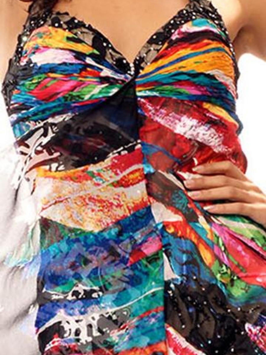 Multi Color Print Fabric Sequined Halter Strap Sweetheart Neckline Prom Dresses