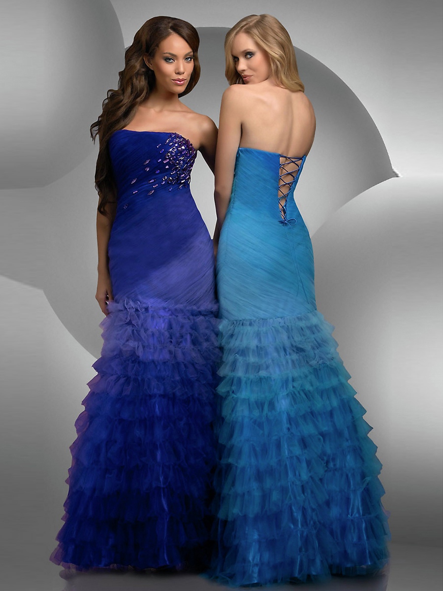 Faszinierende trägerlosen Mermaid Royal Blue oder Blue Tulle Multi- Tiered bodenlangen Celebrity Kleider