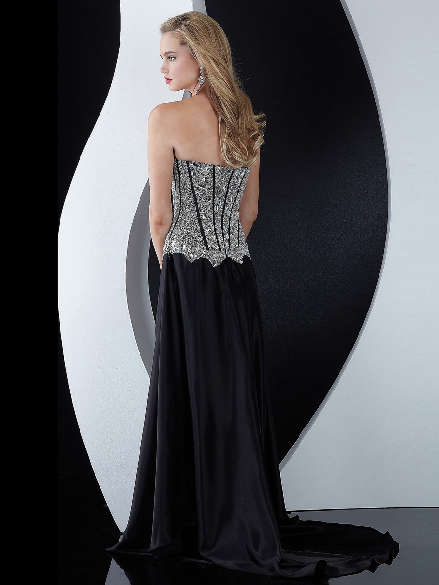 Sophisticated Strapless High-Low Skirt Black Satin Under and Rhinestone Upper Evening Outwear