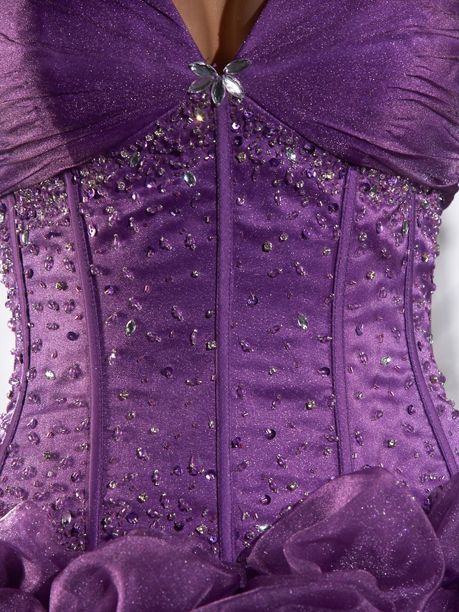 Elégant bracelet violet organza Halter perlé Dropped Waist robe de bal robes de Quinceanera