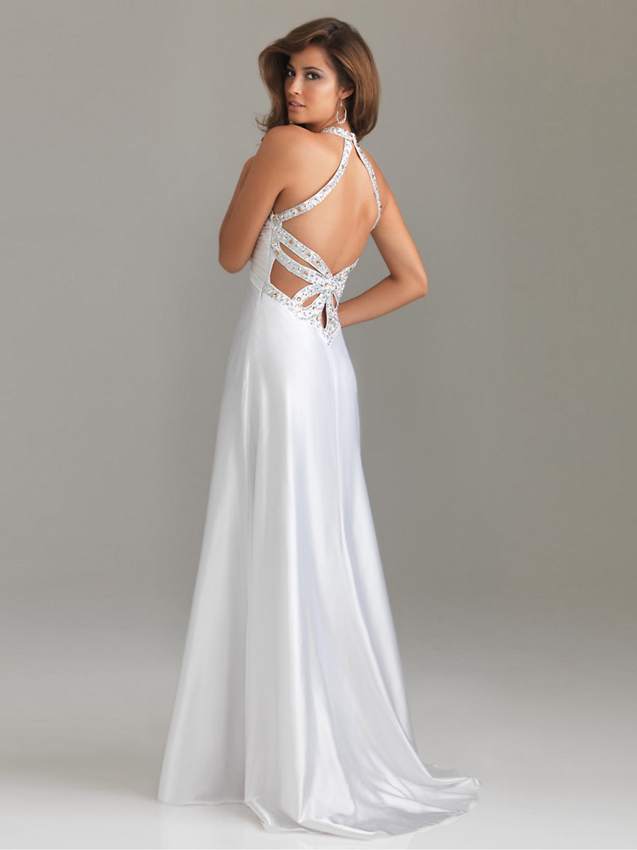 架空のホルタートップフロア長帝国ホワイトシフォンラインストーンのブローチフロントウエディングドレス