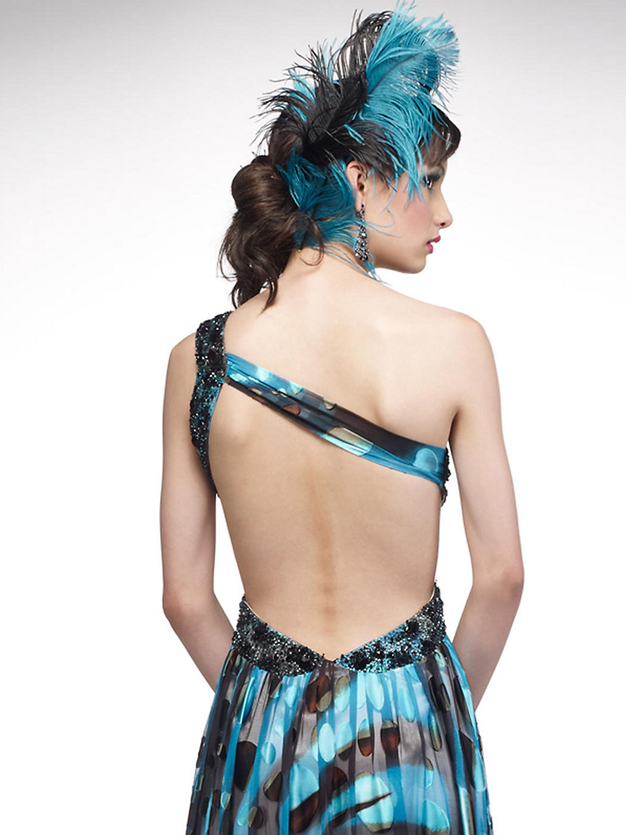 Beaded une épaule encolure asymétrique Cut -out latérale pleine longueur des robes de Celebrity Imprimer
