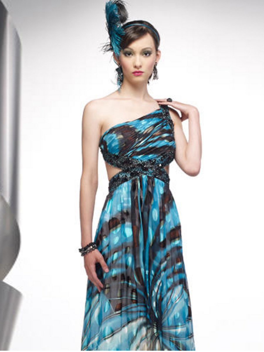 Beaded One-shoulder Asymmetrical Neckline Cut-out Side Full Length Print Celebrity Dresses