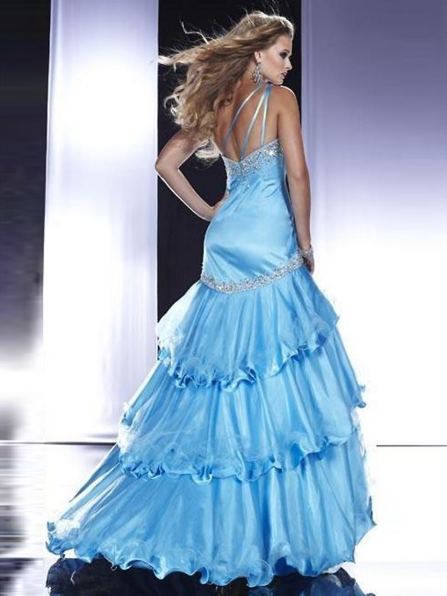 Astonishing One-Shoulder Sheath High-Low Skirt Ice Blue Silky Satin Multi-Tiered Beaded Dress