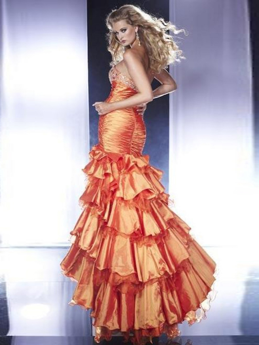 Precioso Vestido de sirena Naranja opaco y sedoso, por niveles de tafetán celebridad vestido con hendidura