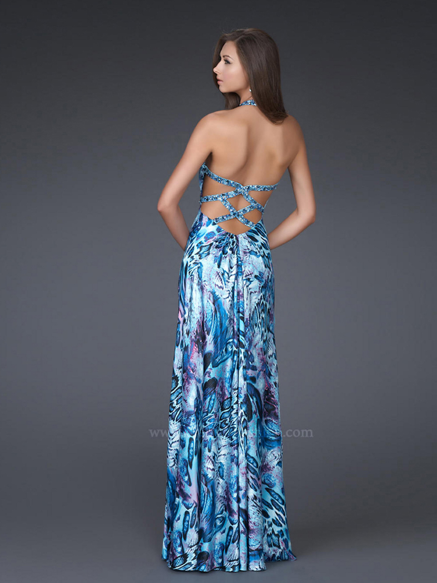 Print Halter Top Beaded Accented Full Length Multi Print Fabric Evening Dresses