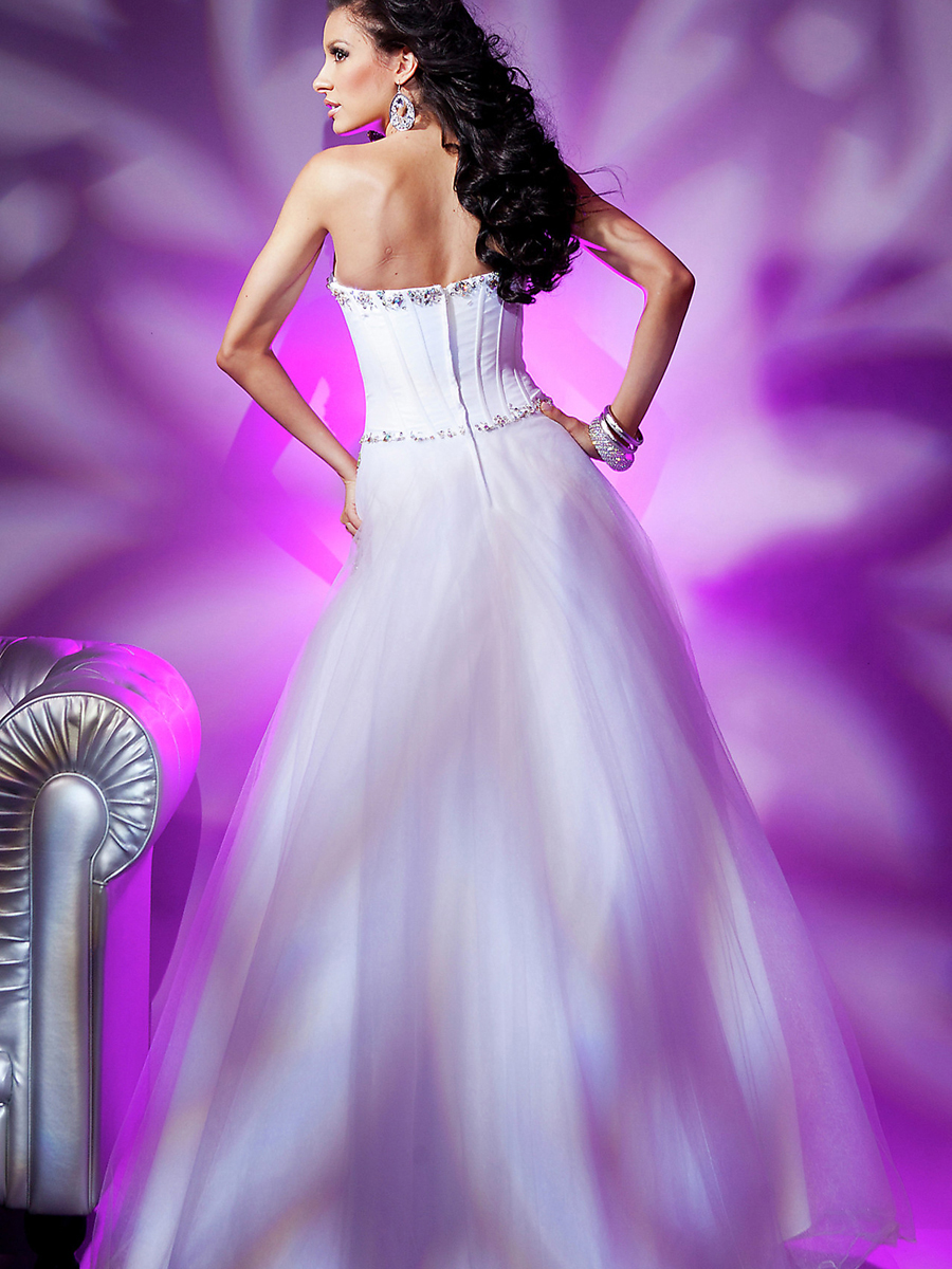 Appellandosi lunghezza senza spalline pavimento A-Line tulle bianco e raso appliqued Bridesmaid Dress