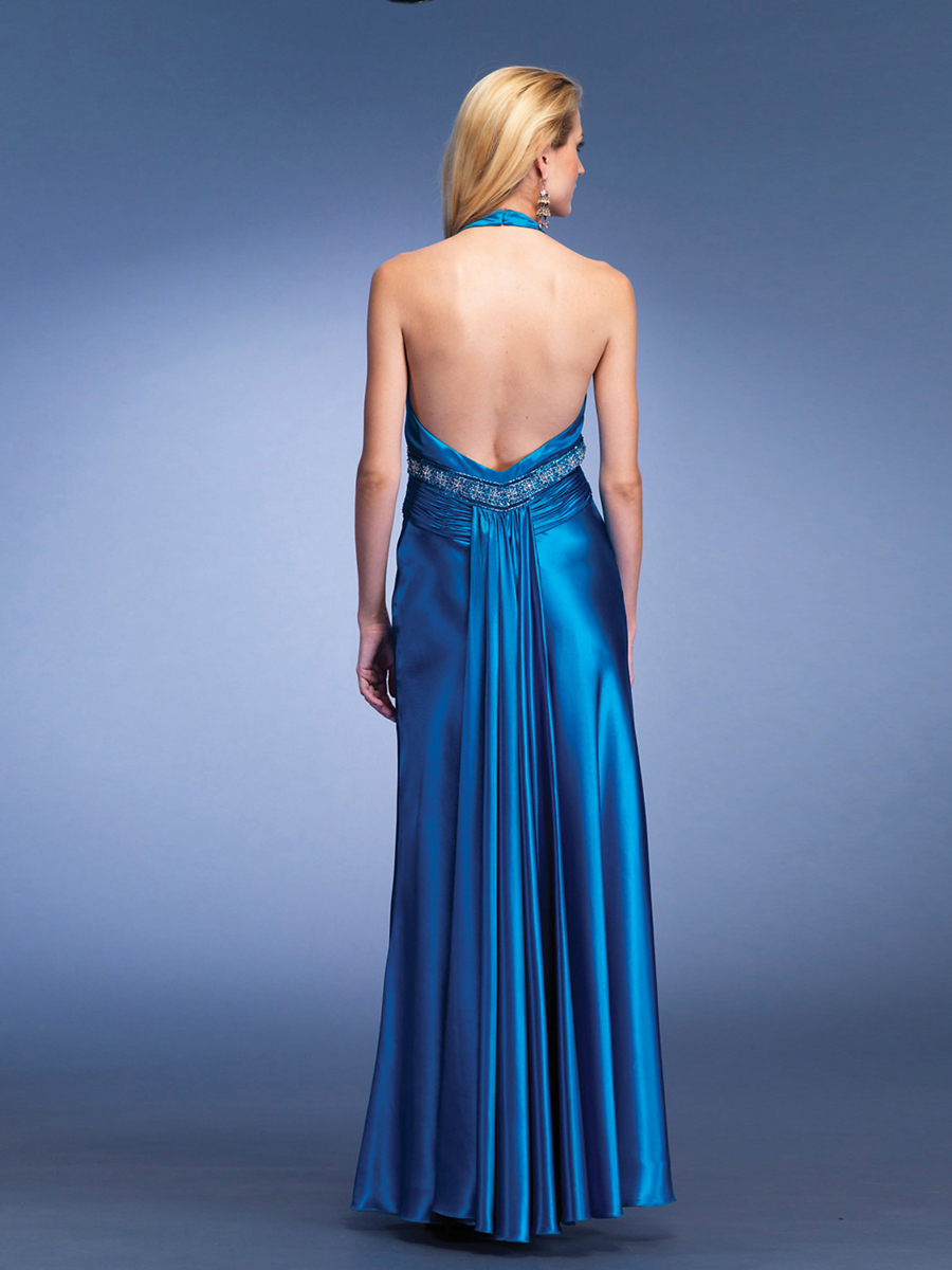 Stretch Satin Halter Neckline Sequined Band Accented Full Length Elegant Evening Dresses