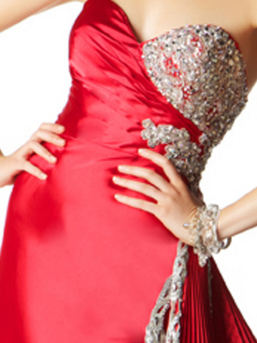 Marvelous Strapless Sweetheart Sequined Bodice Slit Accented Pleated Satin Celebrity Dresses