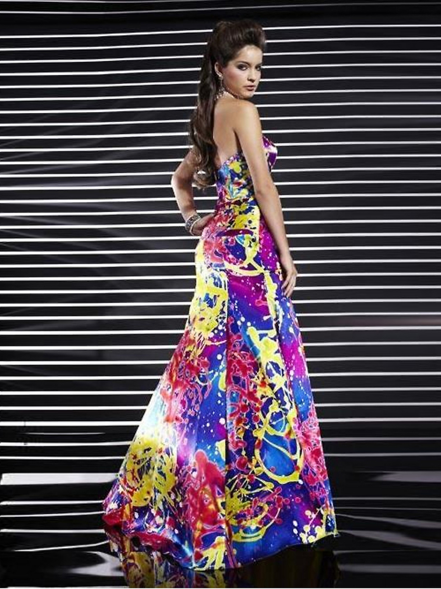 Betäubung strapless Multi- farbig bedruckt bodenlangen Abendkleid mit Schlitz Mantel Outwear