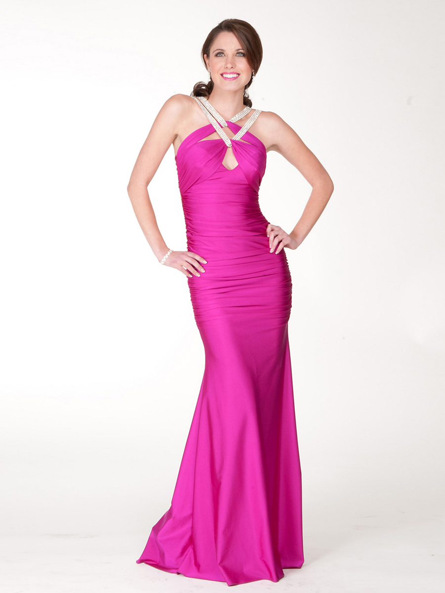 Double Rhinestone Straps Keyhole Front Accented Open Back Satin Celebrity Dresses