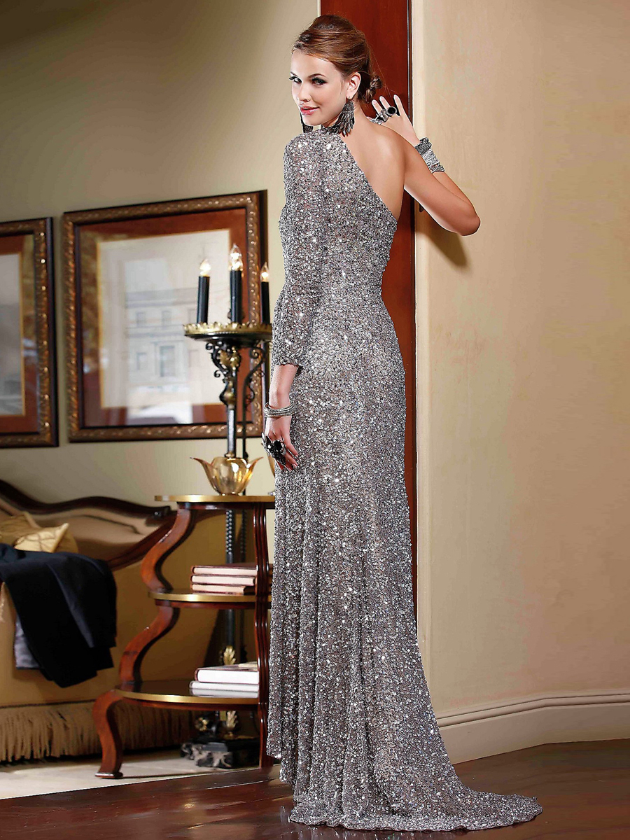 Alluring Asymmetrical Neck Silver One Side Long Sleeve Sequined Floor Length Evening Dress