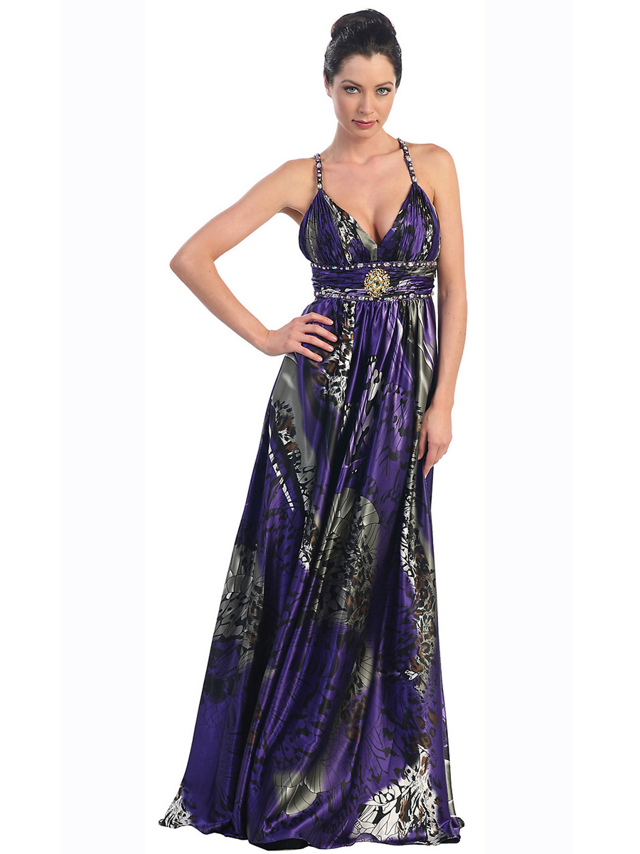 Rhinestone Shoulder Straps Low V-neckline Full Length Multicolored Print Evening Dresses