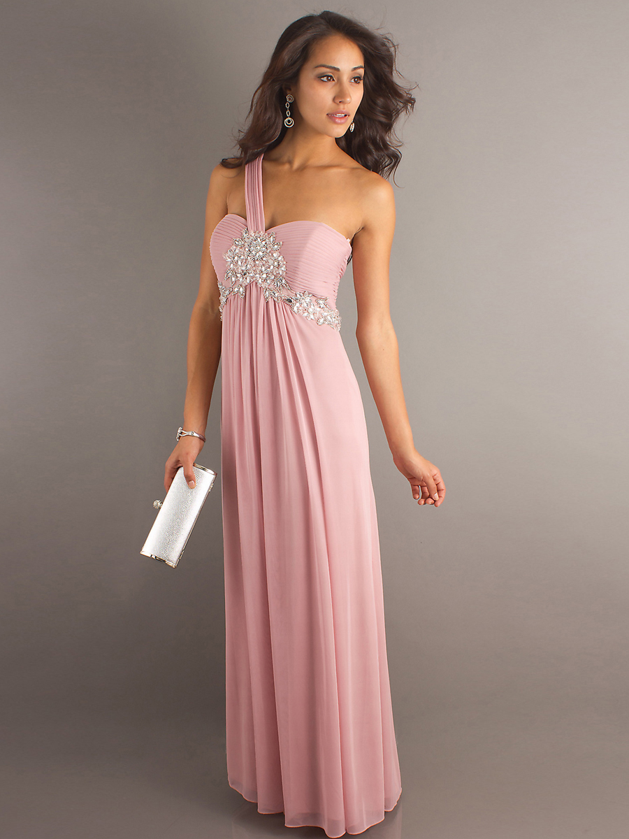Affascinante One- spalla colonna floor-lunghezza chiffon drappeggiato rosa Diamantes Bridesmaid Dress
