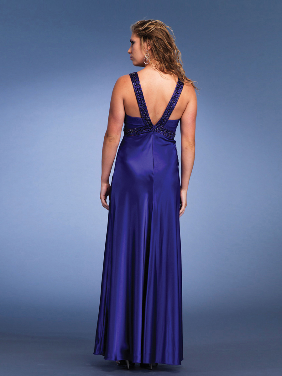 Elegant A-line Style Low V-neckline Beaded Straps Full Length Satin Evening Dresses