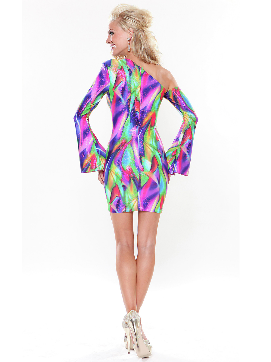 Beispiellose Asymmetrischer Ausschnitt Kurz Mantel Multi- farbig bedruckt Cocktail-Kleid mit langen Ärmeln