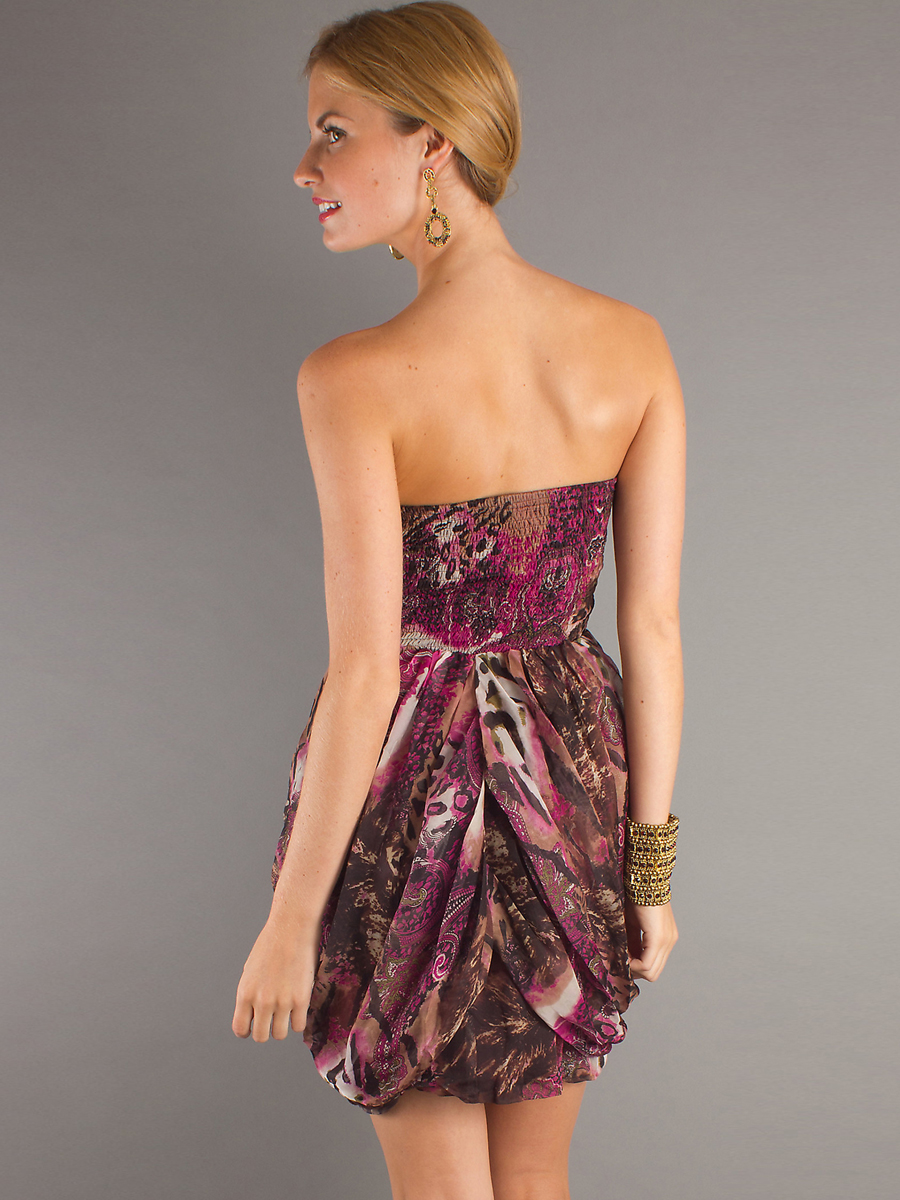 Astounding Strapless Short Sheath Style Multi-Color Printed Draped Cocktail Dress