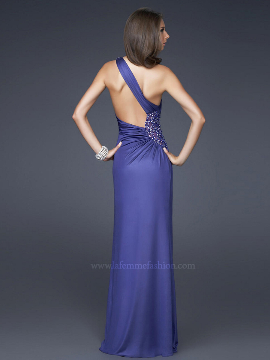 Elegante Escuro Azul Royal elásticas Chiffon vagamente Sequins A linha de estilo Acentuado vestidos de noite