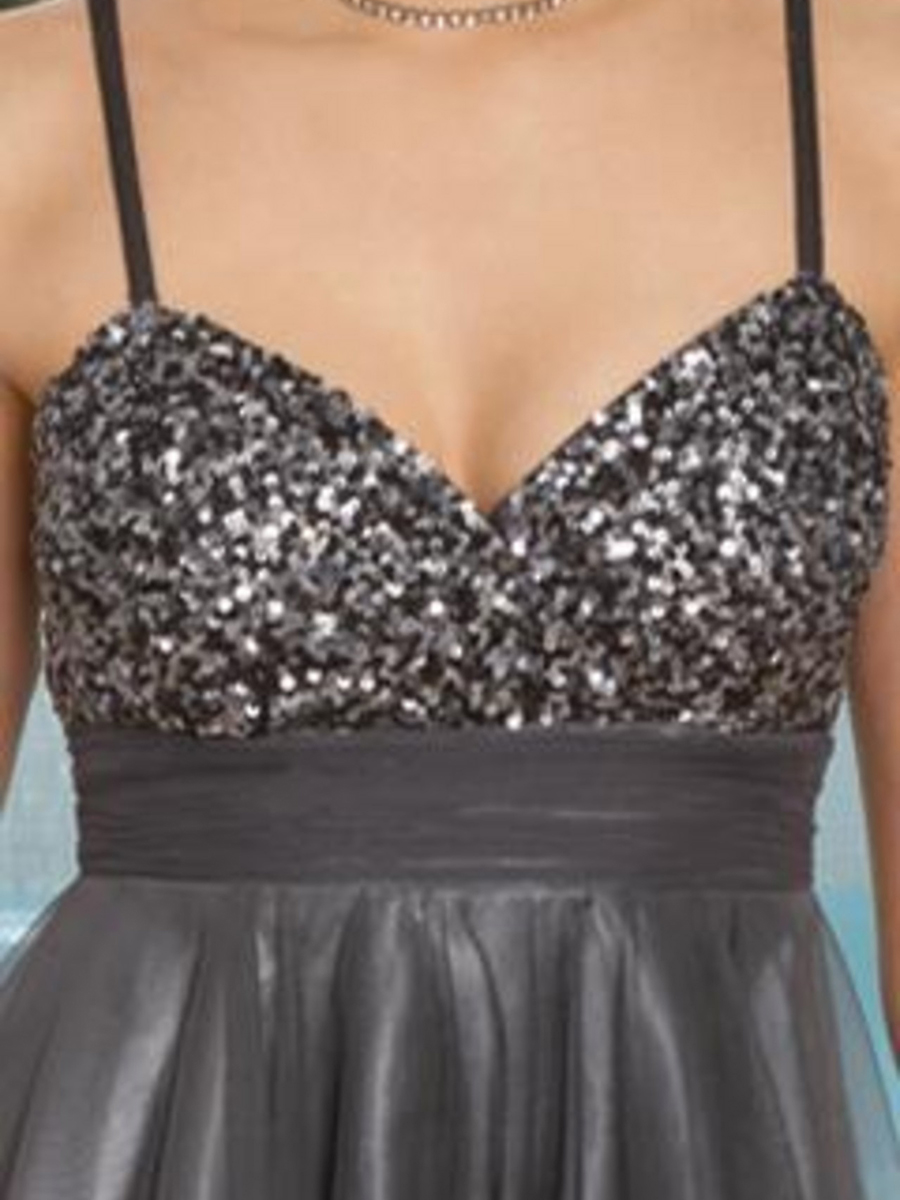 Ravishing Square Neck Short A-Line Sequined Bodice and Silver Organza Skirt Dress