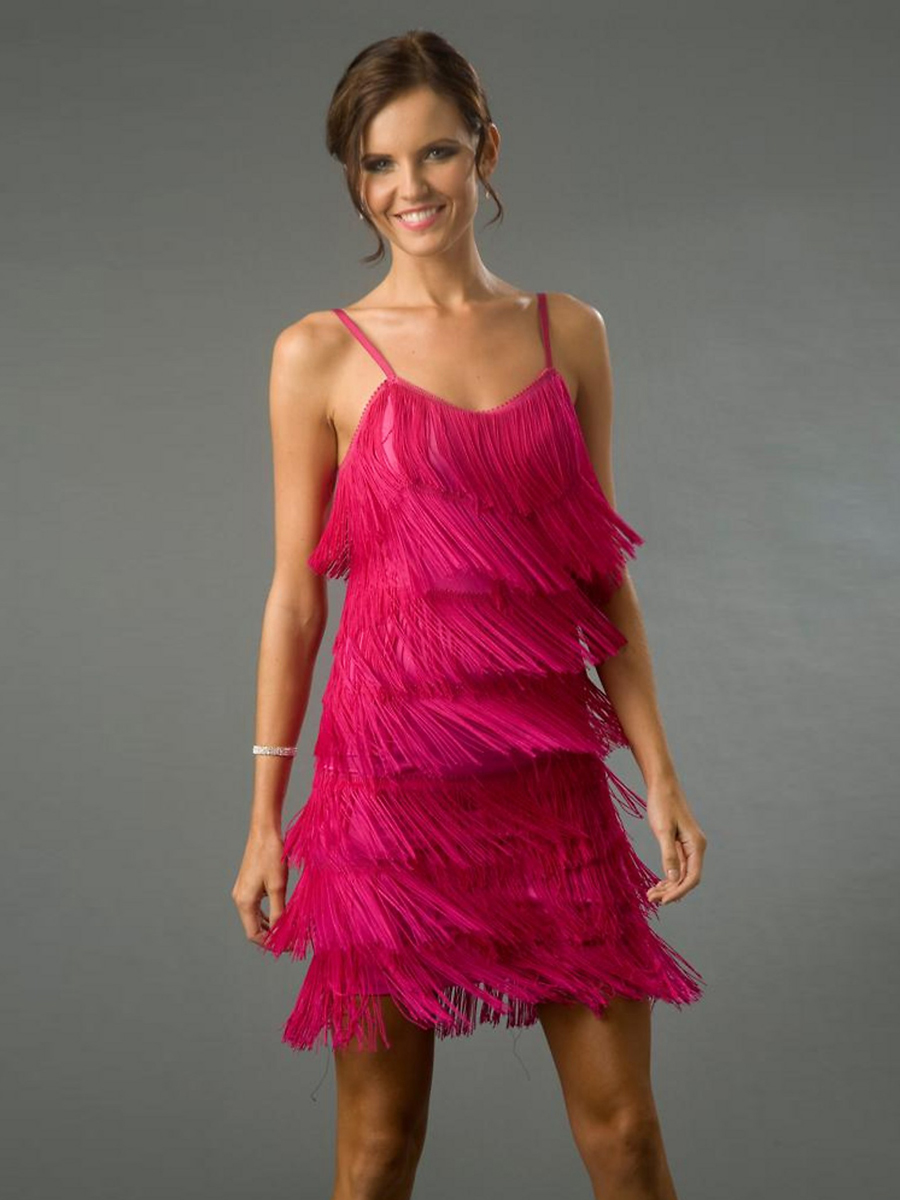 Cute Spaghetti Strap Neck Short Sheath Feathered Silver Tulle Cocktail Length Gowns