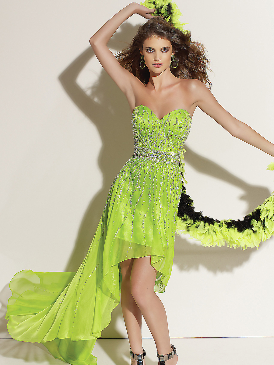 Hot Sell High Low Style Sweetheart Neckline Sequins for Accented Chiffon Prom Dresses