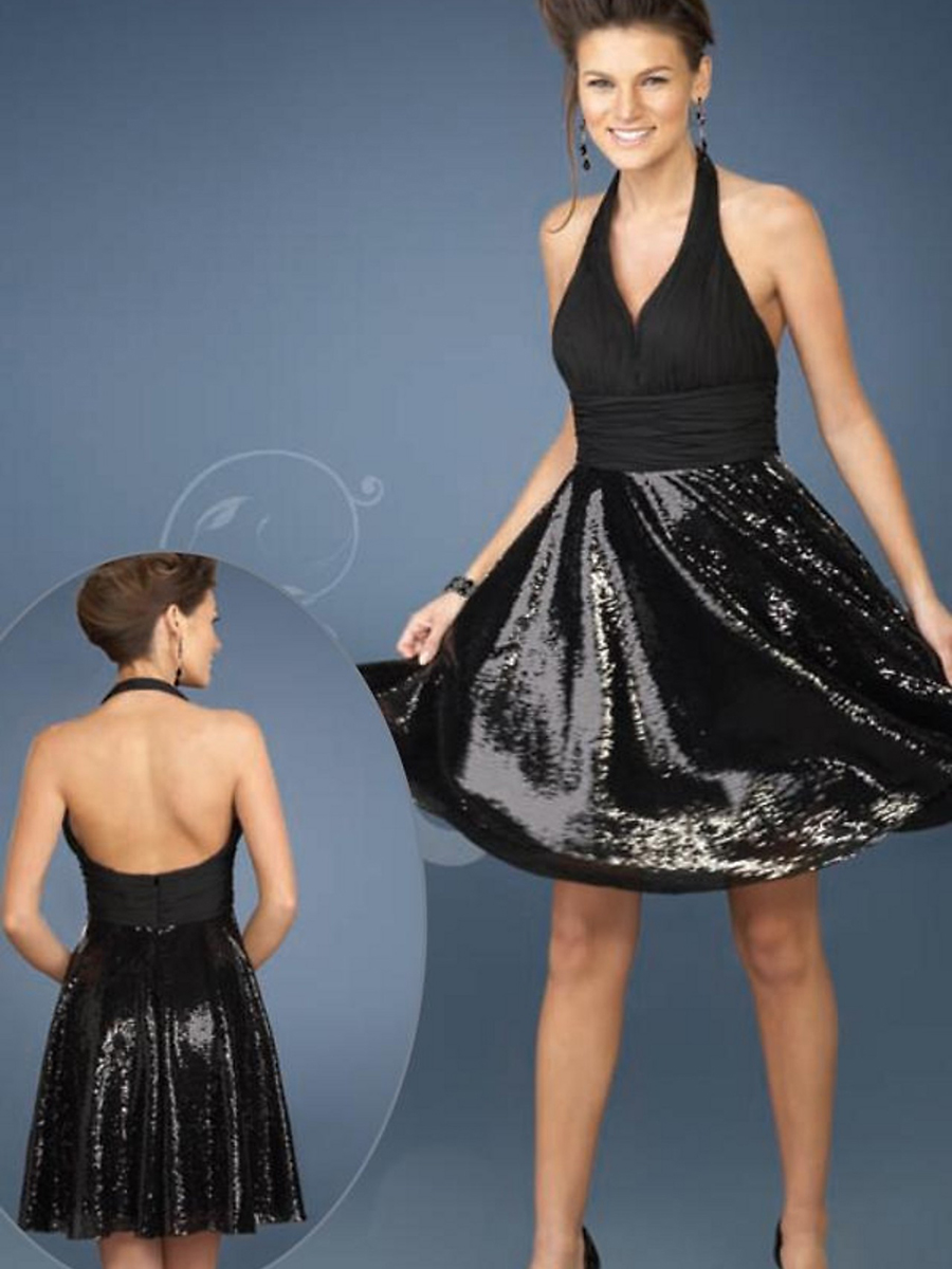 Elegant Liquid Sequined Knee Length Skirt Halter Neckline and Open Back Evening Dresses