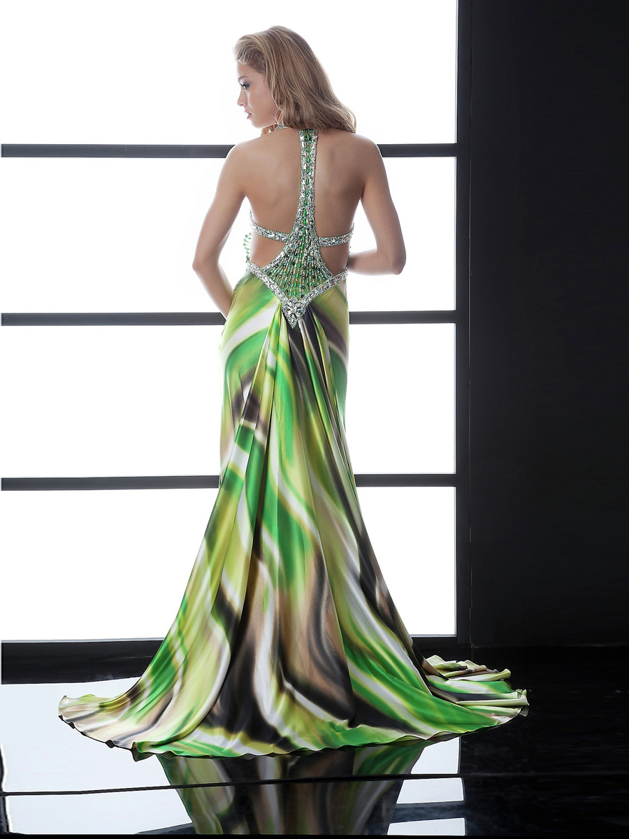 Sumptuous Rhinestone and Crystal Embellishments Multicolored Print Fabric Celebrity Dresses