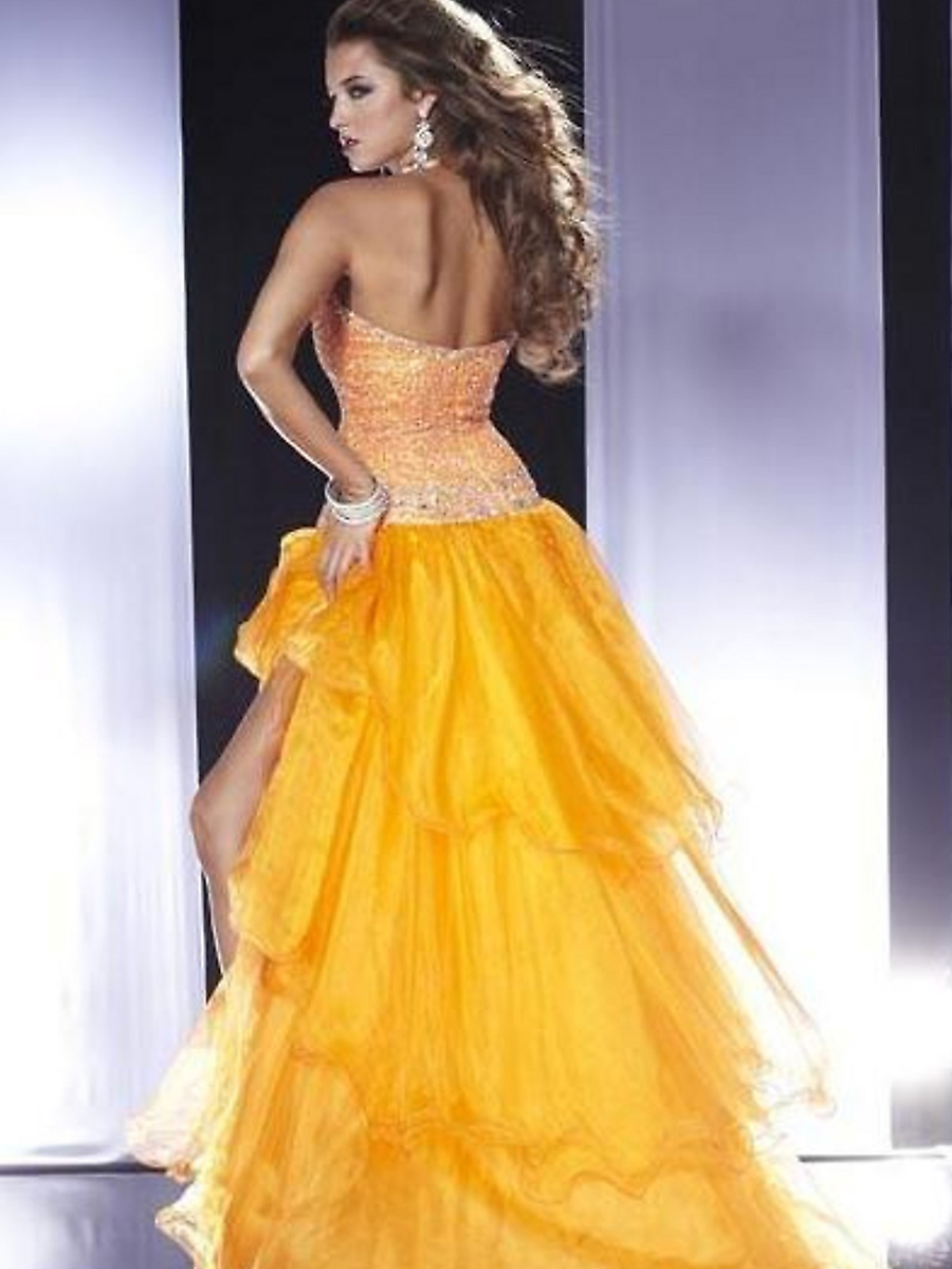 Orange Organza Halter Neckline Sequined Bodice and High Low Style Prom Dresses