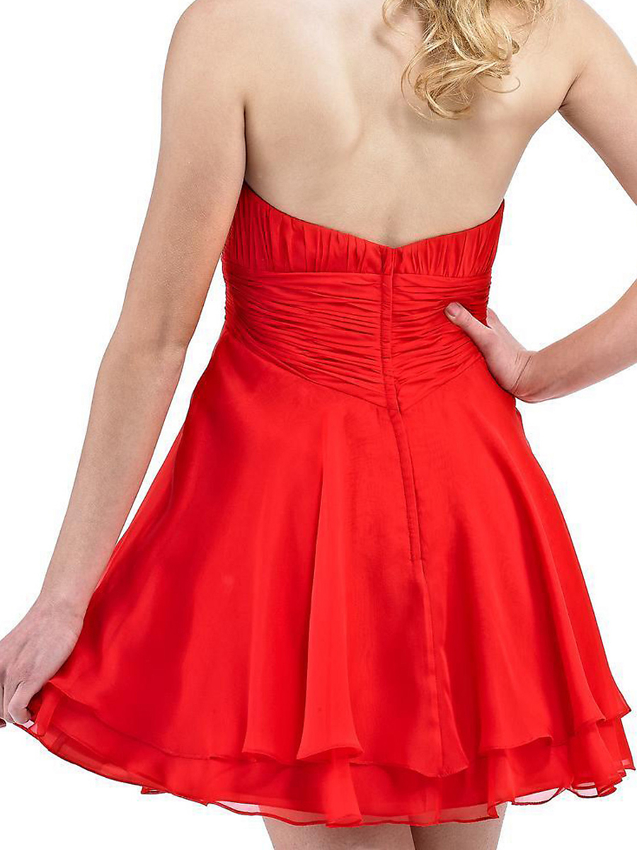 Enchanting Strapless Notched Neck Short A-Line Red Chiffon Bow and Beaded Bridesmaid Dress