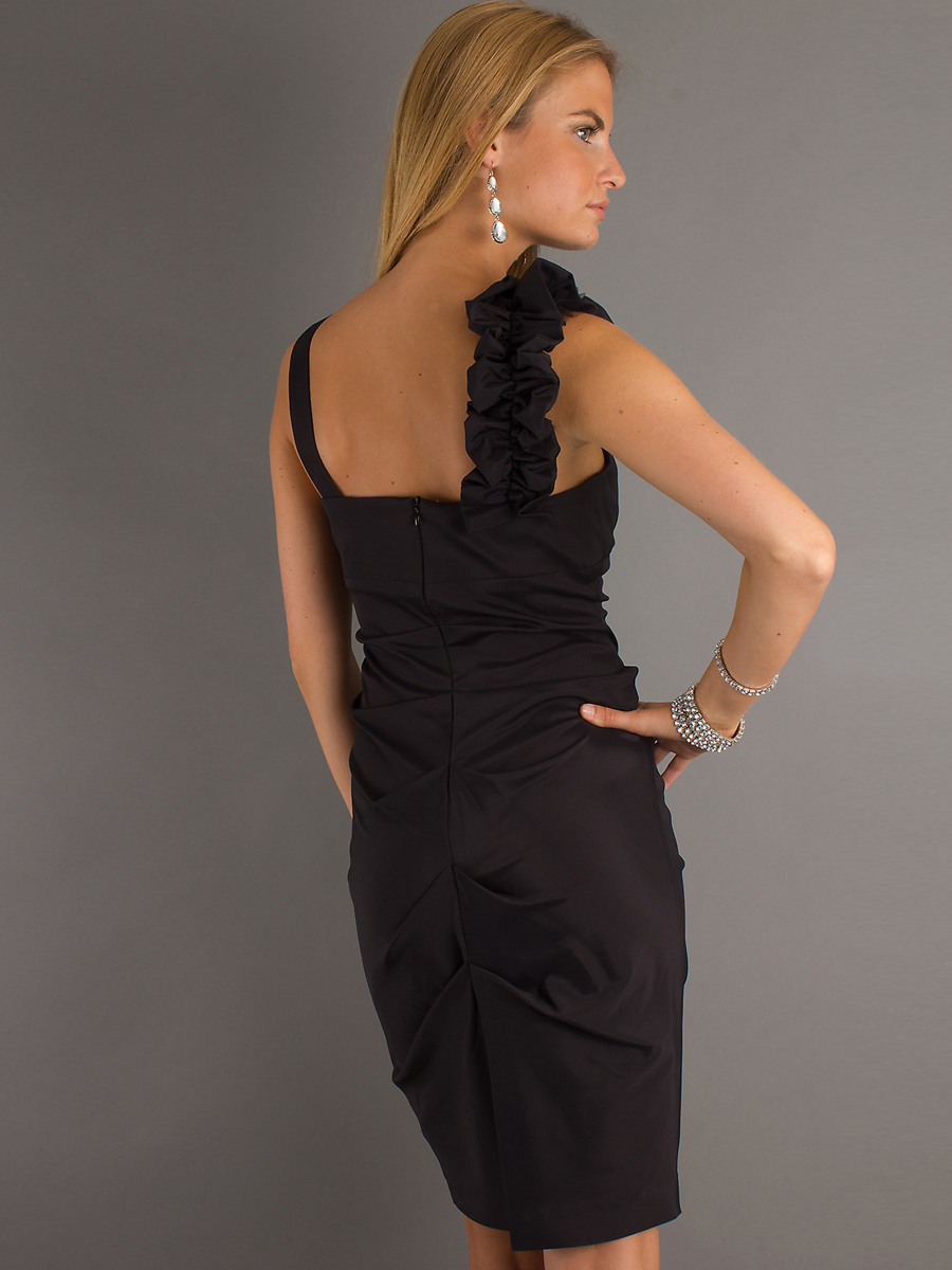 Tidy V-Neck Black Stretch Satin Floral Strap Short Sheath Bridesmaid Dress 2012