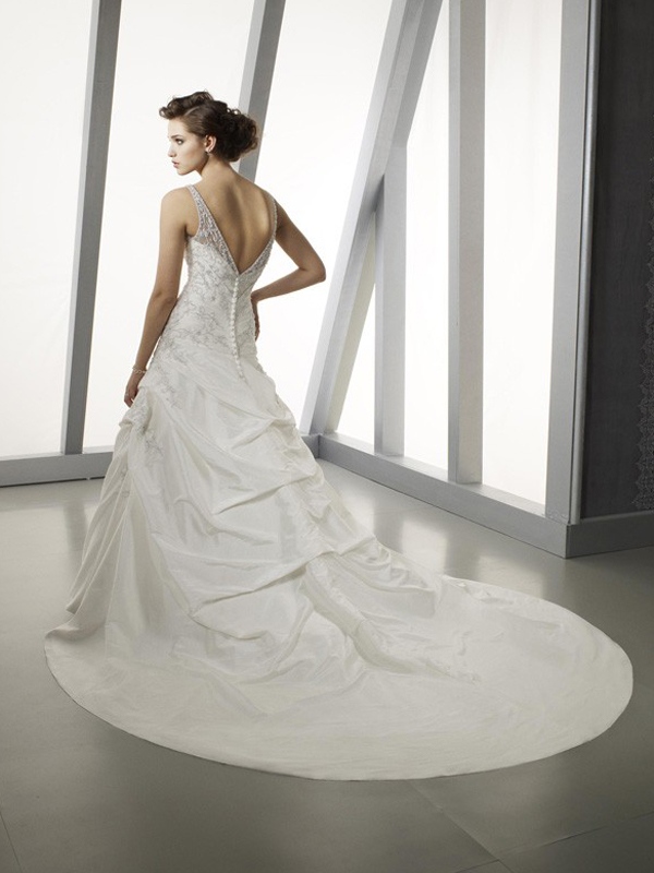 Exquisite Strapless Embroidery A-Line Satin Gown in Chapel Length